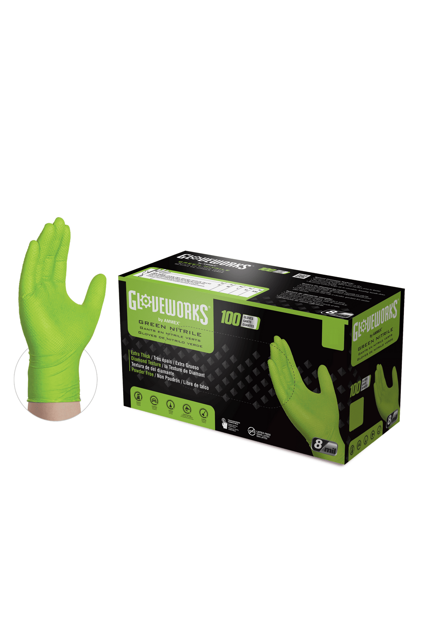 Gloveworks HD 8 Mil Green Raised Diamond Texture Nitrile Disposable Industrial Gloves