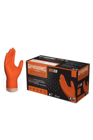 Gloveworks HD 8 Mil Orange Raised Diamond Texture Nitrile Disposable Industrial Gloves