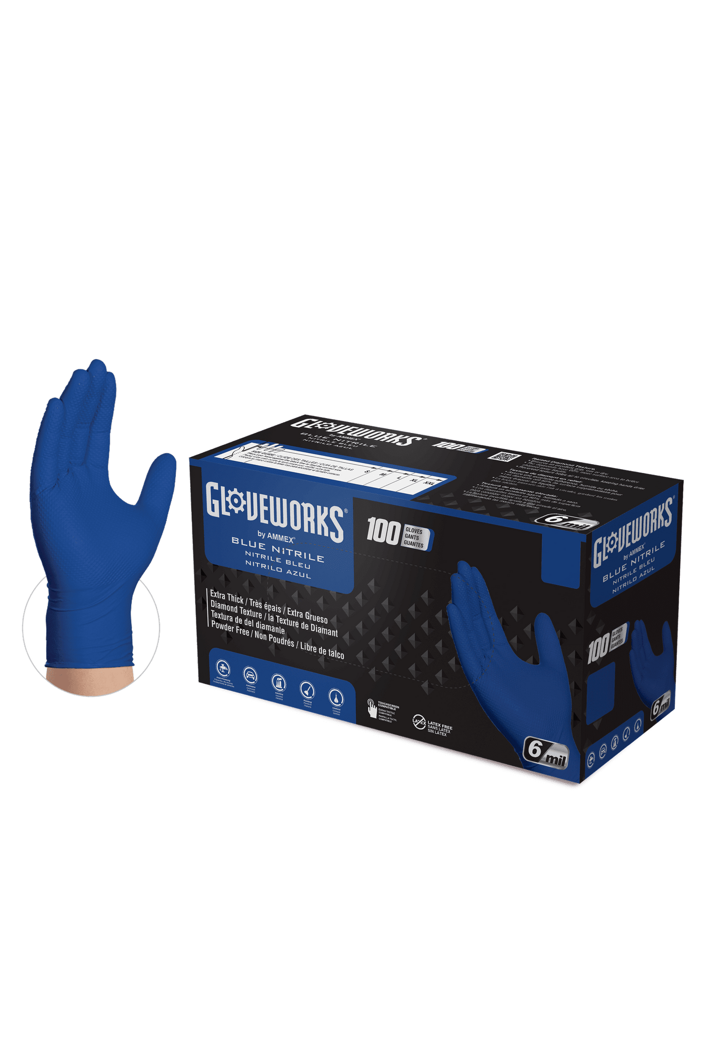 Gloveworks HD 6 Mil Blue Raised Diamond Texture Nitrile Disposable Industrial Gloves