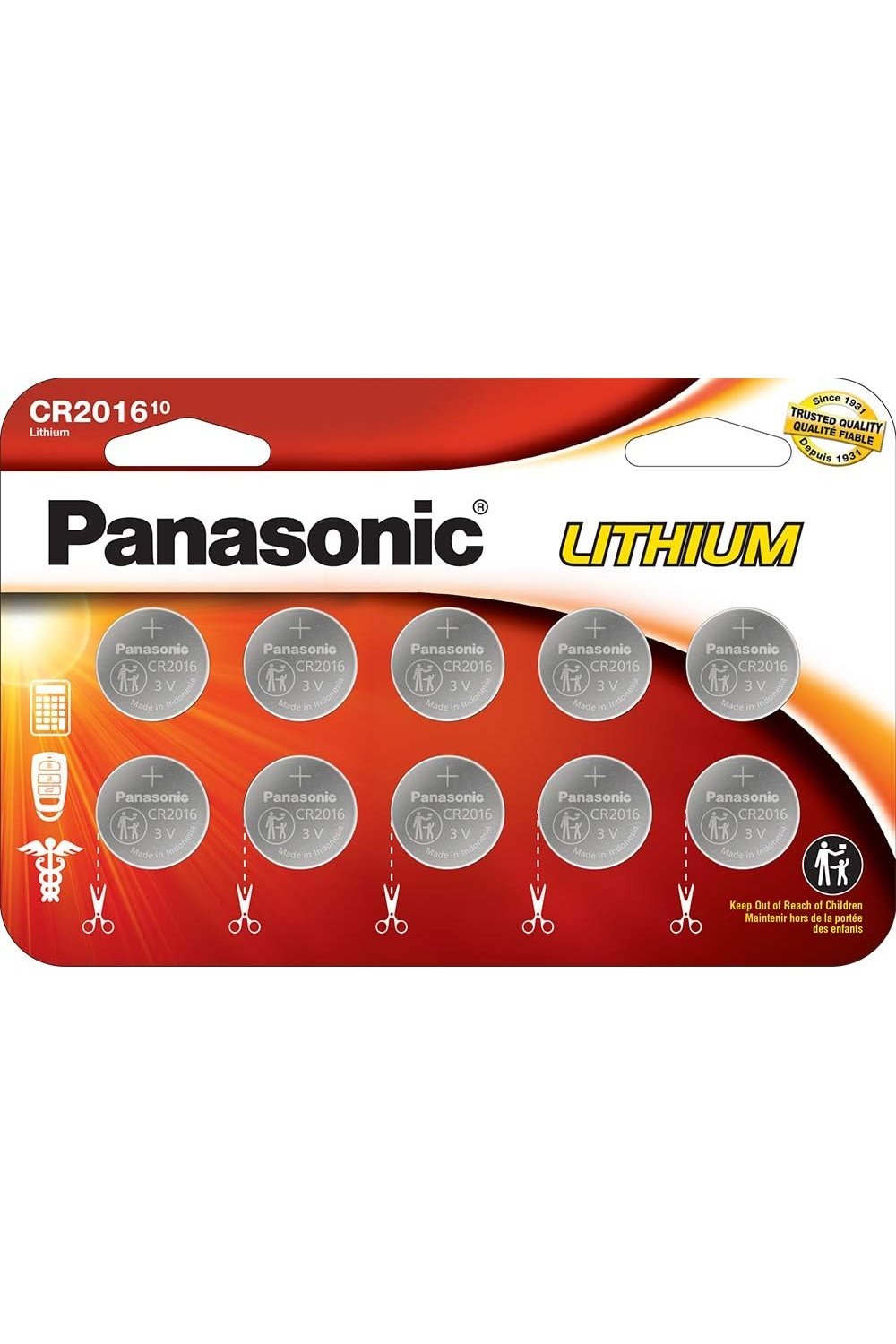 Panasonic CR2016 3.0 Volt Long Lasting Lithium Coin Cell Batteries in Child Resistant, Standards Based Packaging - 12 Count
